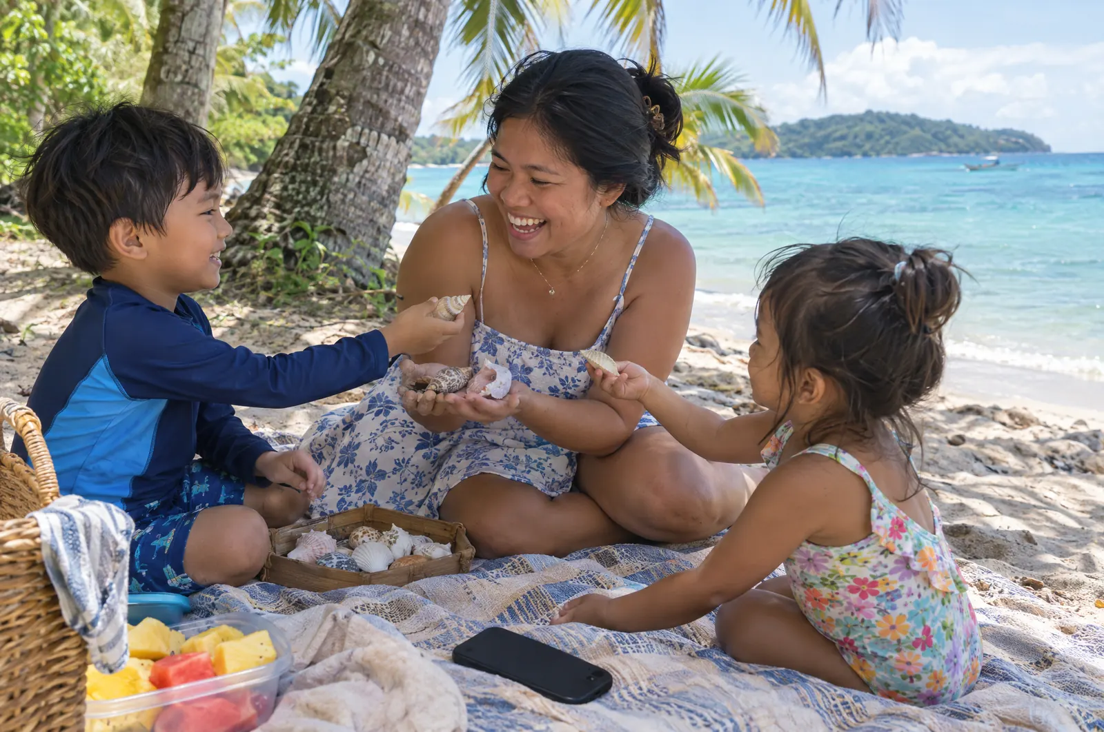 An agent at the beach with her children, phone face-down